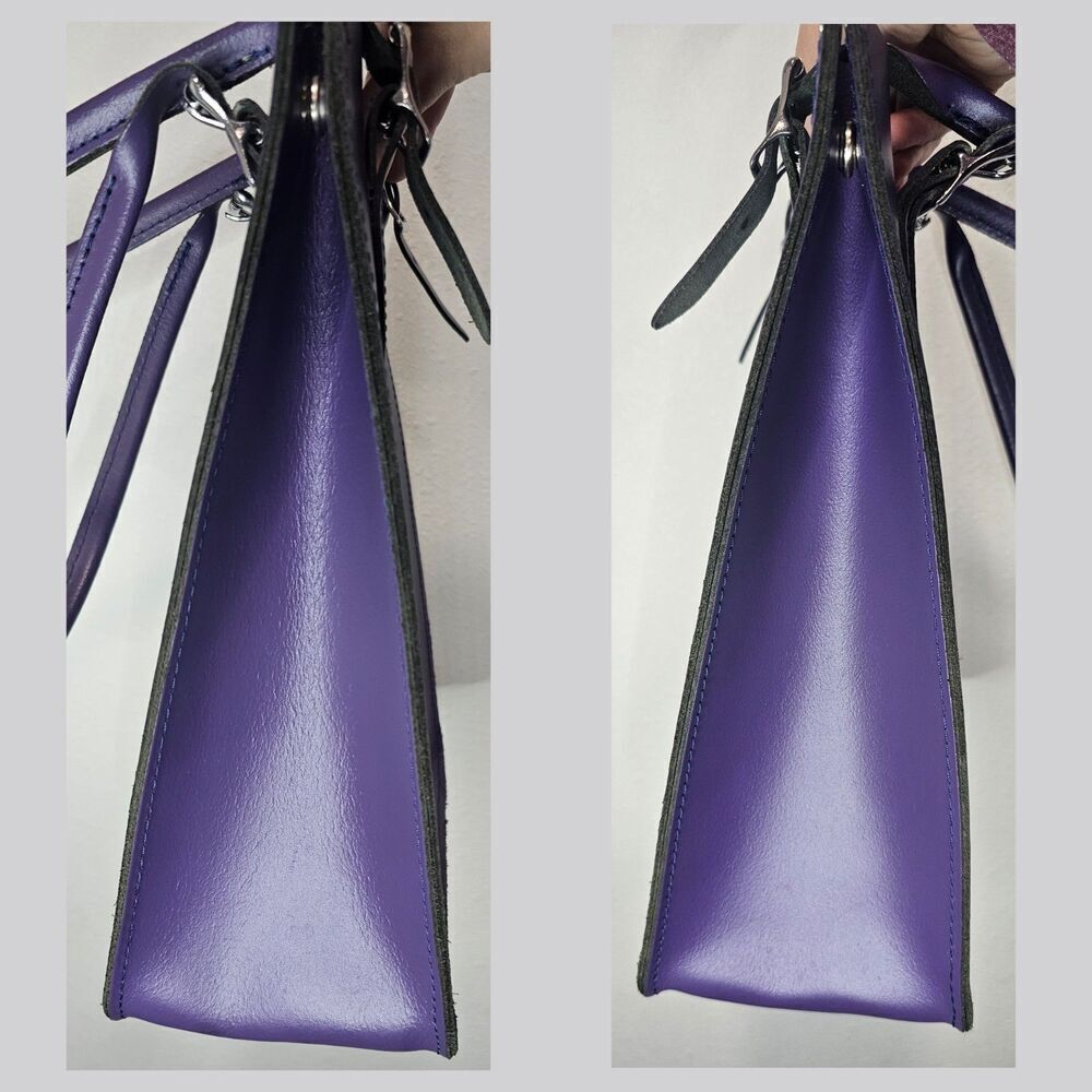 The Leather Satchel Company Deep Purple Mini Tote Made In UK 12.5"x9" Adj Handle - Picture 7 of 13